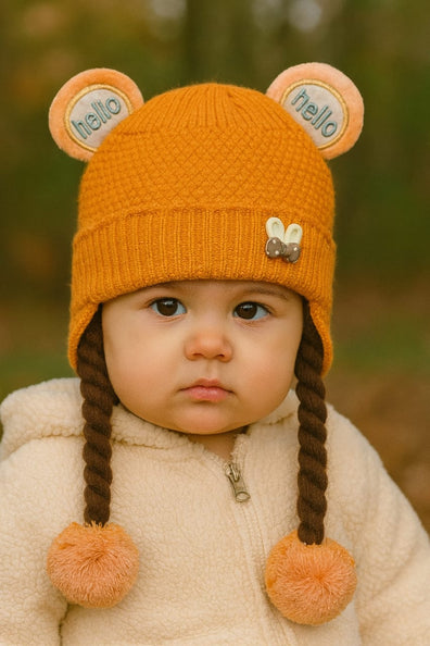 Orange Girls Cute Warm Knit Embroidered Winter Cap With Braids (6 Months -3 Years) CP5100A